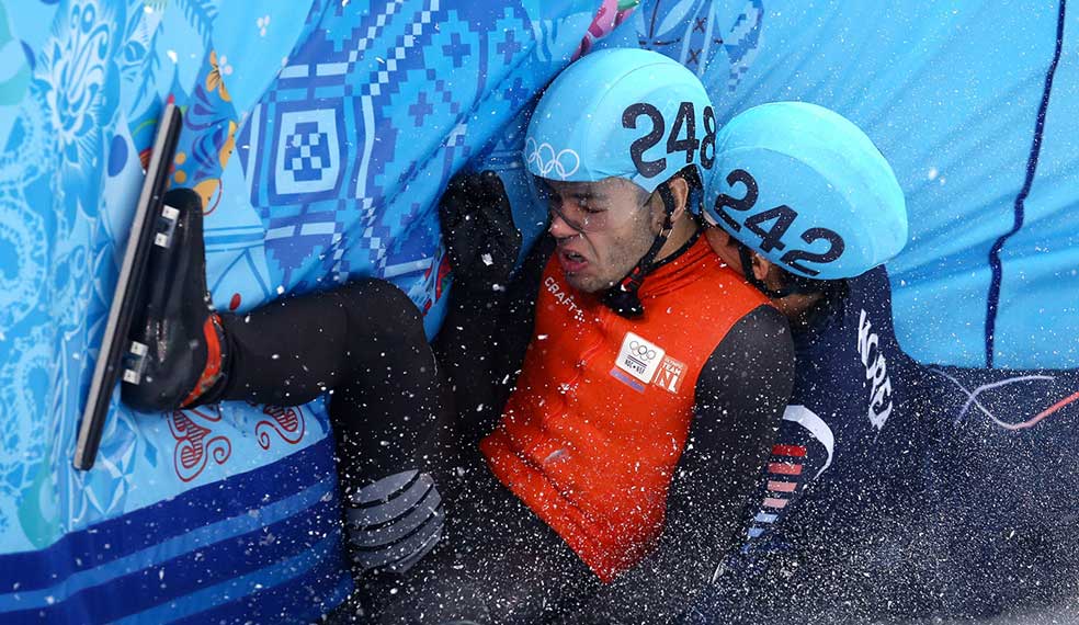 Two Speed Skaters come to grief on a bend