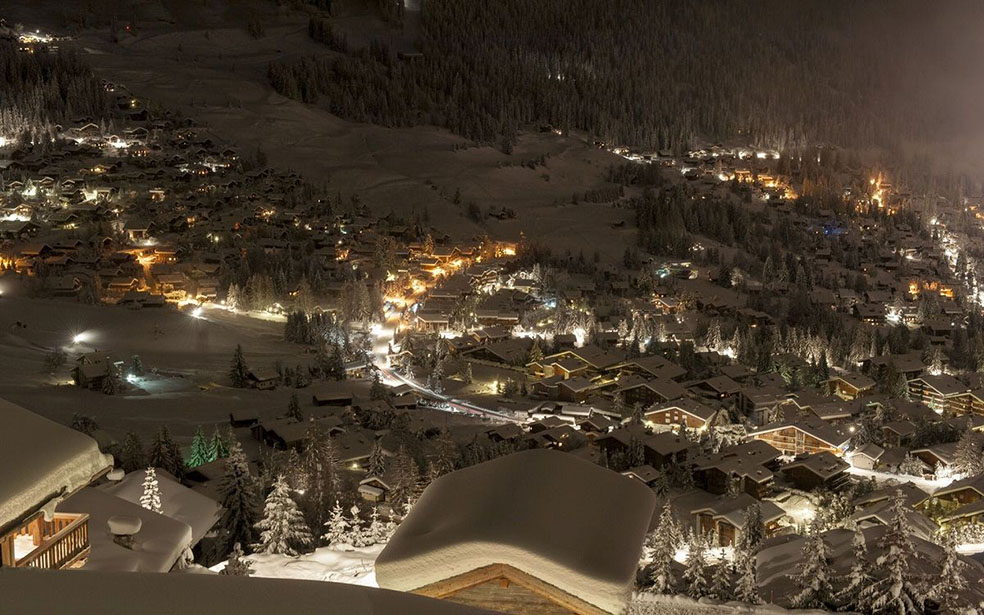 An aerial view over Verbier at night